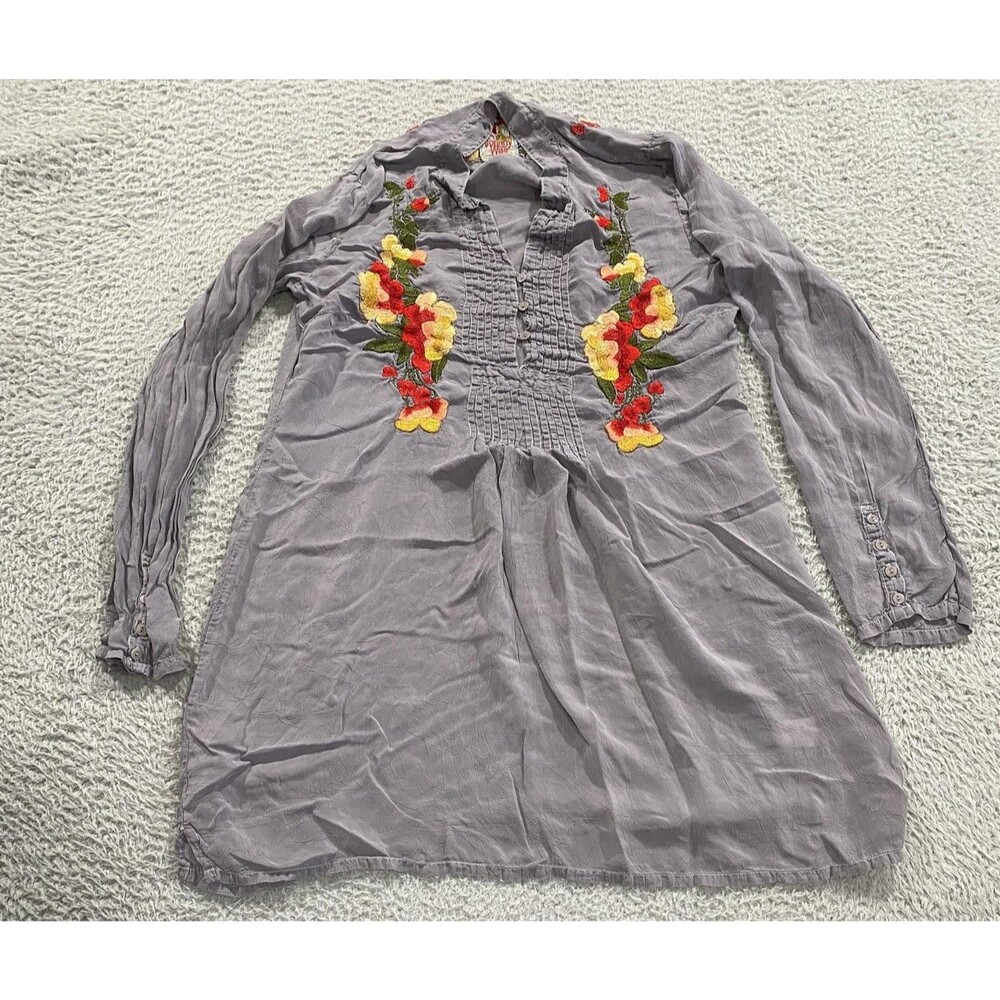 Johnny Was Tunic Shirt Womens Small Gray Embroidered Floral Long Sleeve Boho